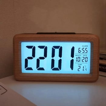 Дървен цифров будилник, интелигентна сензорна нощна лампа с дрямка, дата, превключване на температурата, черупка от масивно дърво