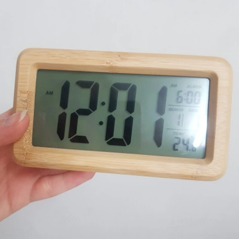 Дървен цифров будилник, интелигентна сензорна нощна лампа с дрямка, дата, превключване на температурата, черупка от масивно дърво