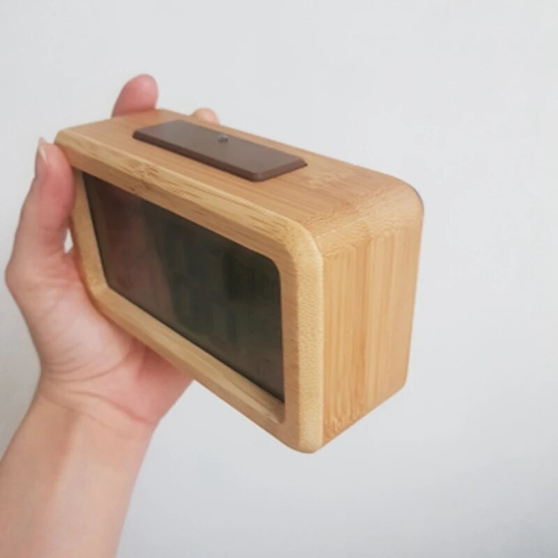 Дървен цифров будилник, интелигентна сензорна нощна лампа с дрямка, дата, превключване на температурата, черупка от масивно дърво