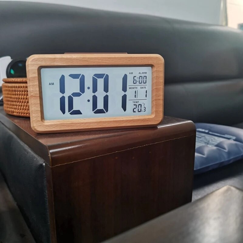 Дървен цифров будилник, интелигентна сензорна нощна лампа с дрямка, дата, превключване на температурата, черупка от масивно дърво