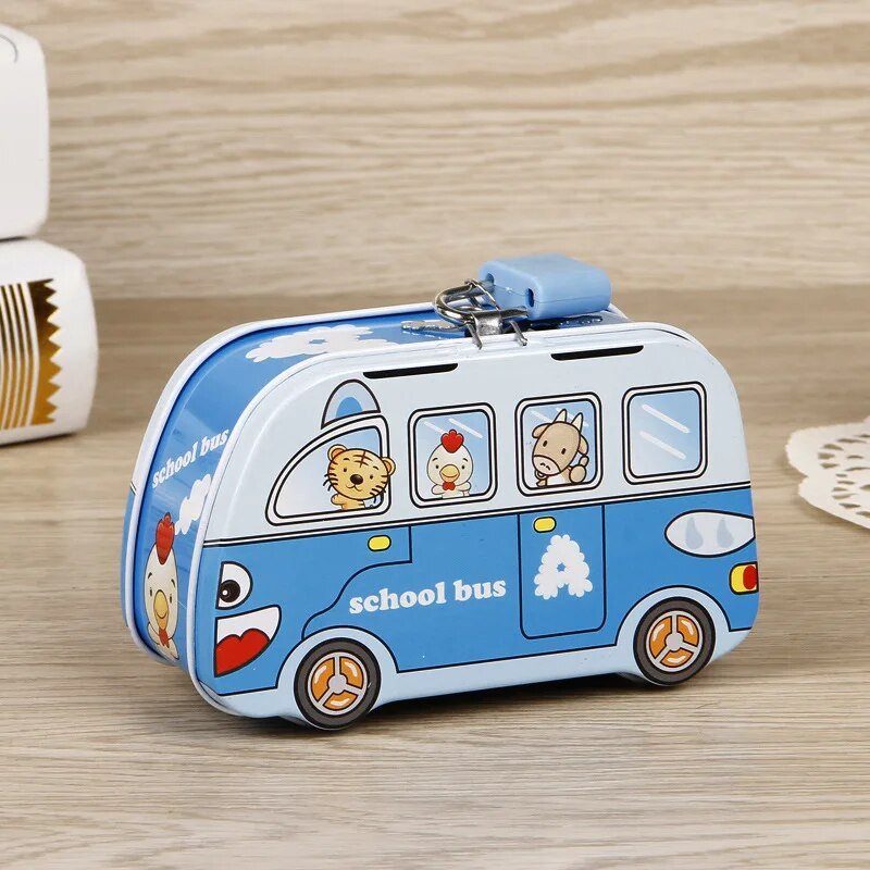 1PCS Мини детска анимационна кола Тенекиена метална касичка Спестяваща парична монета Кутия за пари Детска играчка Детски подаръци с ключалка и ключ