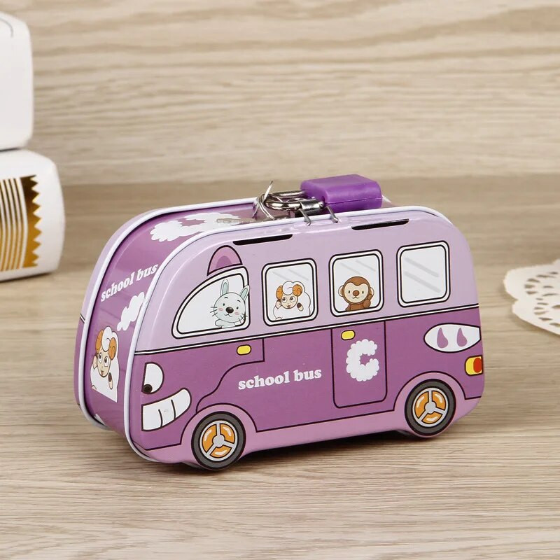 1PCS Мини детска анимационна кола Тенекиена метална касичка Спестяваща парична монета Кутия за пари Детска играчка Детски подаръци с ключалка и ключ