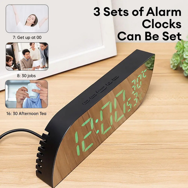Цифров будилник Температура Влажност Дата 3 аларми 2 Режим на дисплея Неограничен дрямка Настолен часовник 12/24H Нощен режим LED часовник