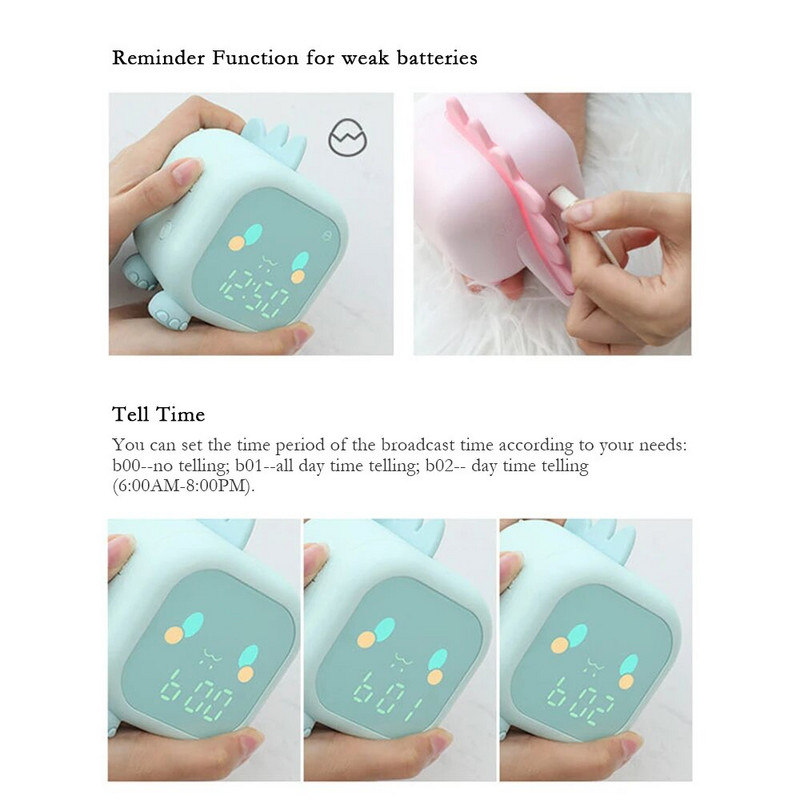 Характеристики: Детски будилник със сладък дизайн на динозавър, безопасен и мек силикон на допир, безопасен за употреба и също така приятен декор на стаята. 6 о