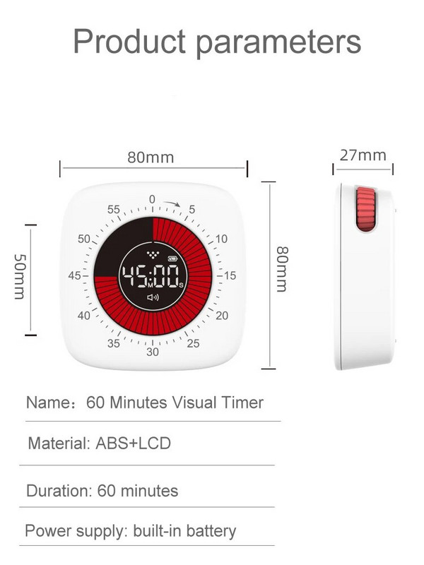 Нов визуален таймер, акумулаторен, 60 минути обратно броене, детски учебен часовник, безшумен таймер, механичен инструмент за управление на таймера за деца, възрастни