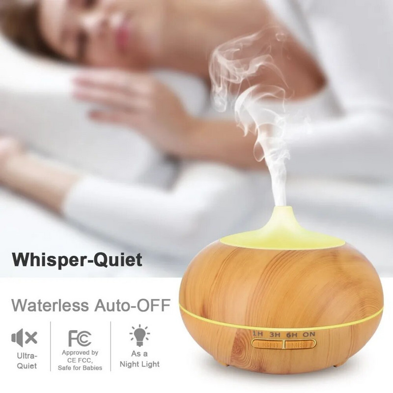 Diffuseur d`huiles essentielles et d`arôme pour maison et Spa, drėkintuvas d`air ultrasonique avec Grain de bois, lumières electriques, 500 ml