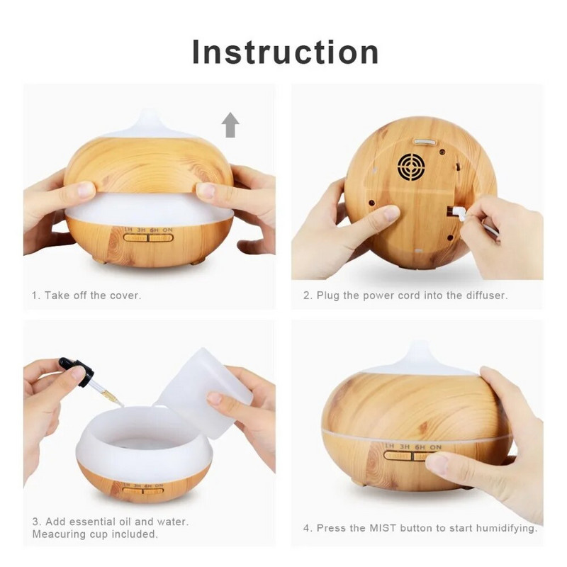 Diffuseur d`huiles essentielles et d`arôme pour maison et Spa, drėkintuvas d`air ultrasonique avec Grain de bois, lumières electriques, 500 ml