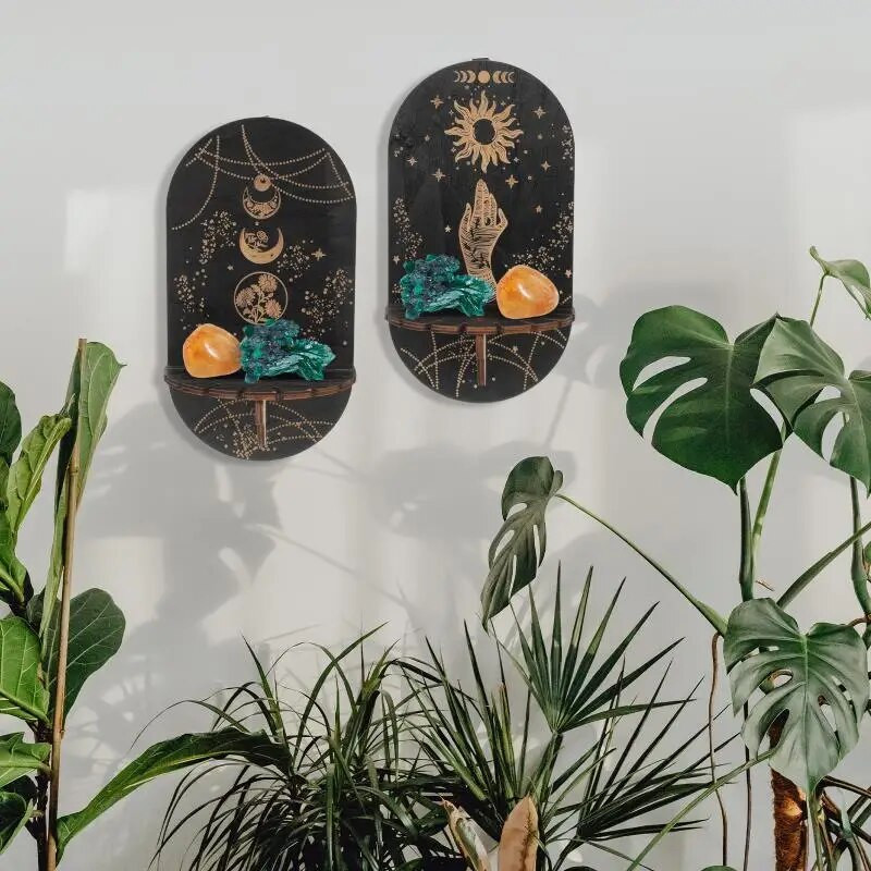 Кристален рафт Дисплей Стенна стойка Дървена основа за носач Плаващи рафтове Декоративен стил Бохемска висяща стойка Декорация на стена