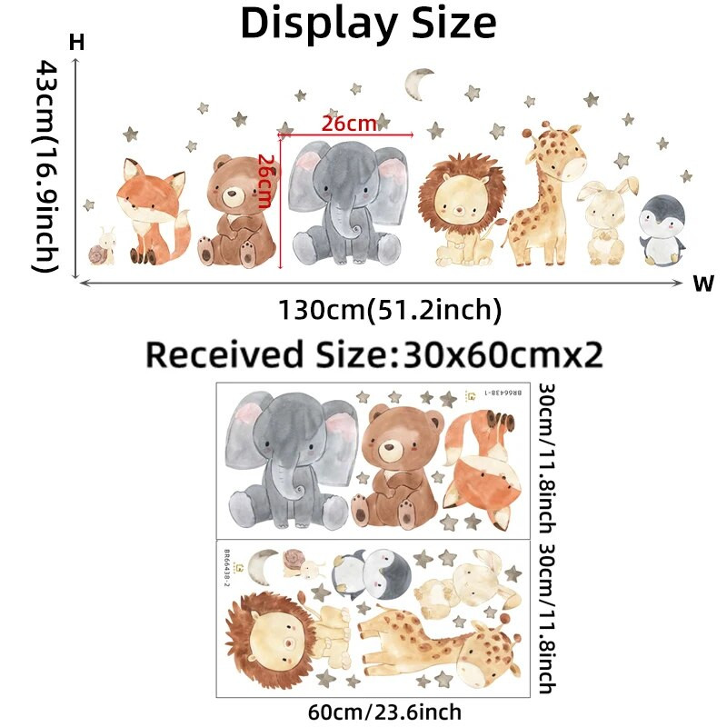 Акварел Карикатура Сладки африкански животни Стикери за стена Слон Жираф Мечка Лисица Детска стая Стикери за стена Декоративен стикер за стена