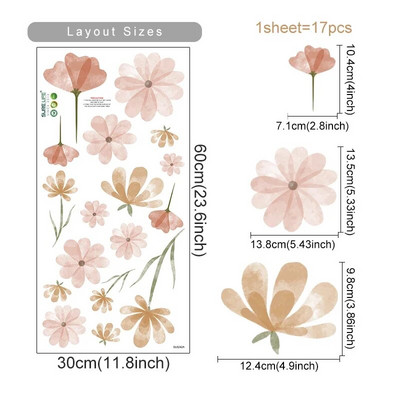 Boho Flowers Αυτοκόλλητα τοίχου Ακουαρέλα Υπνοδωμάτιο Σαλόνι Διακόσμηση σπιτιού Τέχνη Φιλικά προς το περιβάλλον αφαιρούμενα αυτοκόλλητα PVC Τοιχογραφίες