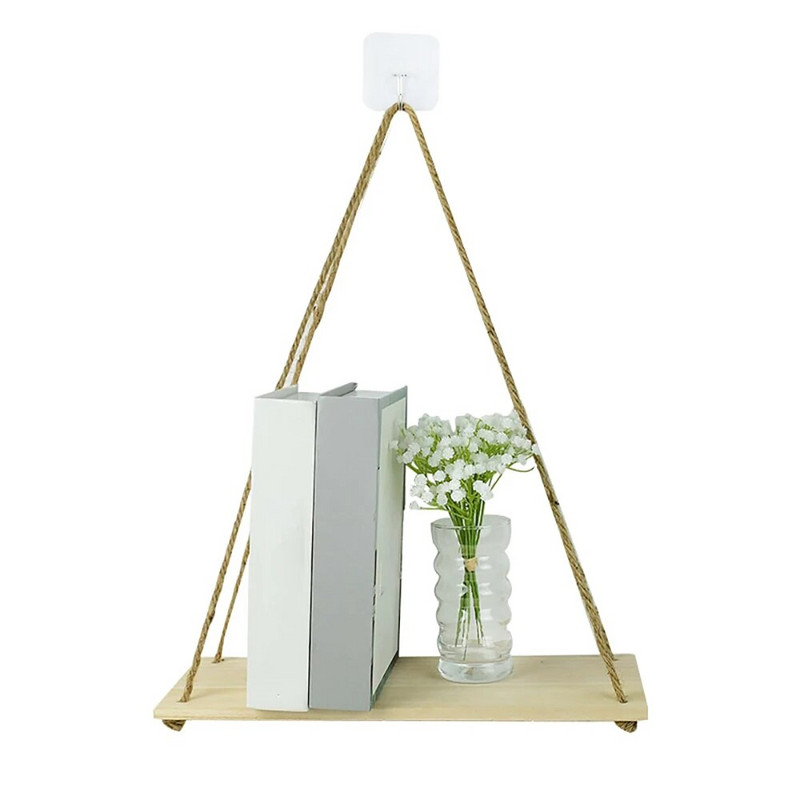 Дървена въжена люлка Висящо на стена растение Саксия за цветя Монтирана на тава Плаващи стенни рафтове Скандинавска декорация на дома Рафт за шнур