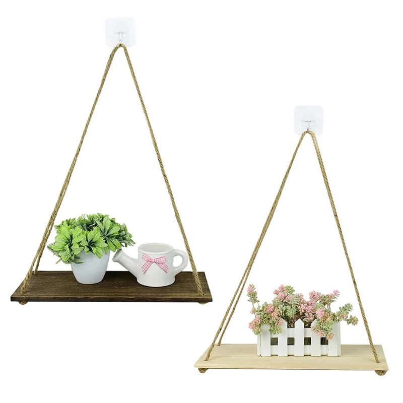 Дървена въжена люлка Висящо на стена растение Саксия за цветя Монтирана на тава Плаващи стенни рафтове Скандинавска декорация на дома Рафт за шнур