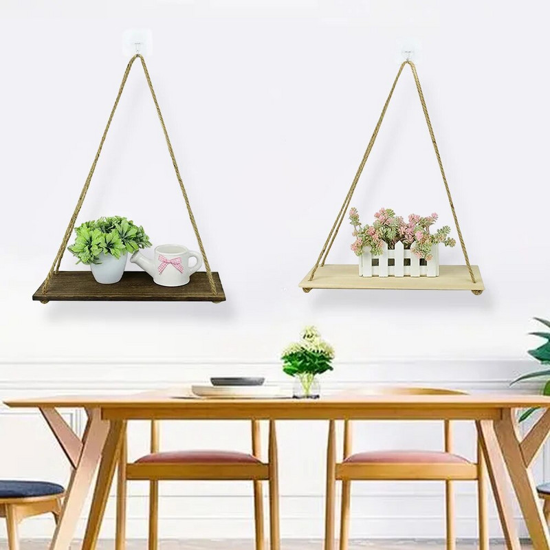 Дървена въжена люлка Висящо на стена растение Саксия за цветя Монтирана на тава Плаващи стенни рафтове Скандинавска декорация на дома Рафт за шнур