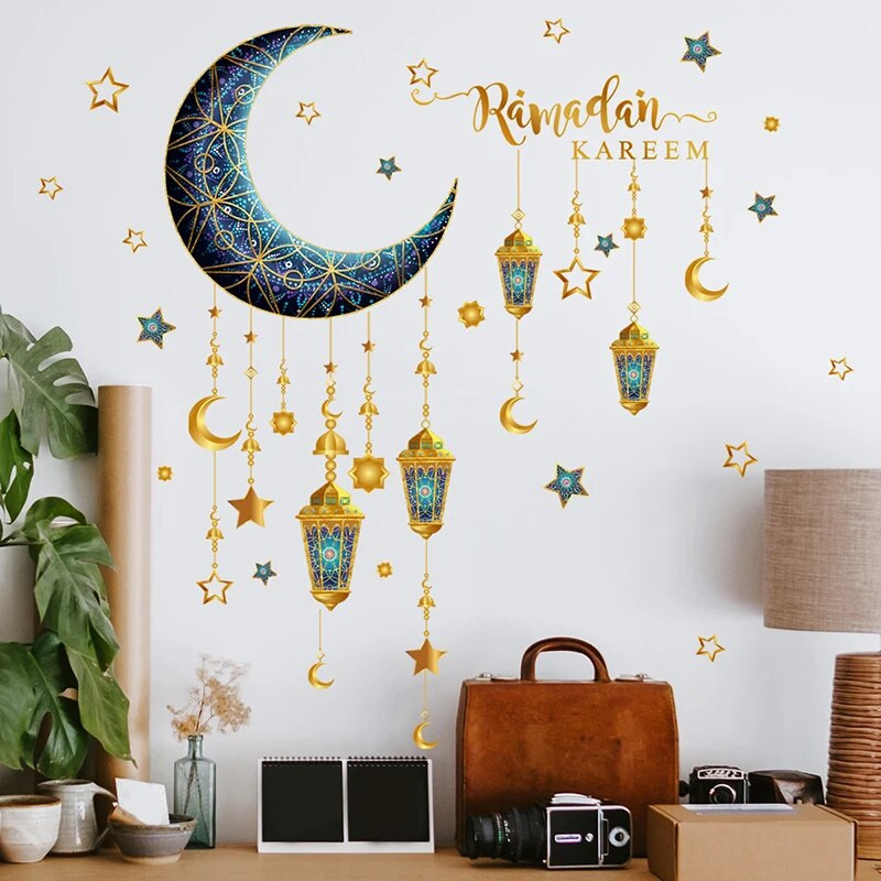 Eid Mubarak Стикери за стена Moon Star Lantern Рамадан Карим Стикери за стена Мюсюлмански ислямски стикери за прозорци Декорации за дома 2024