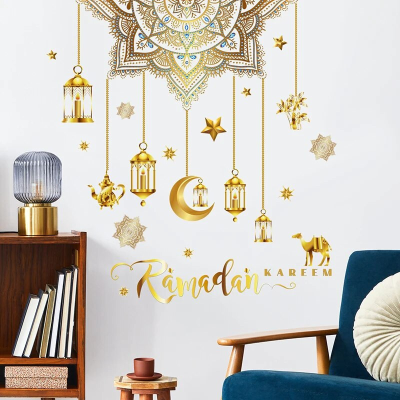 Eid Mubarak Стикери за стена Moon Star Lantern Рамадан Карим Стикери за стена Мюсюлмански ислямски стикери за прозорци Декорации за дома 2024