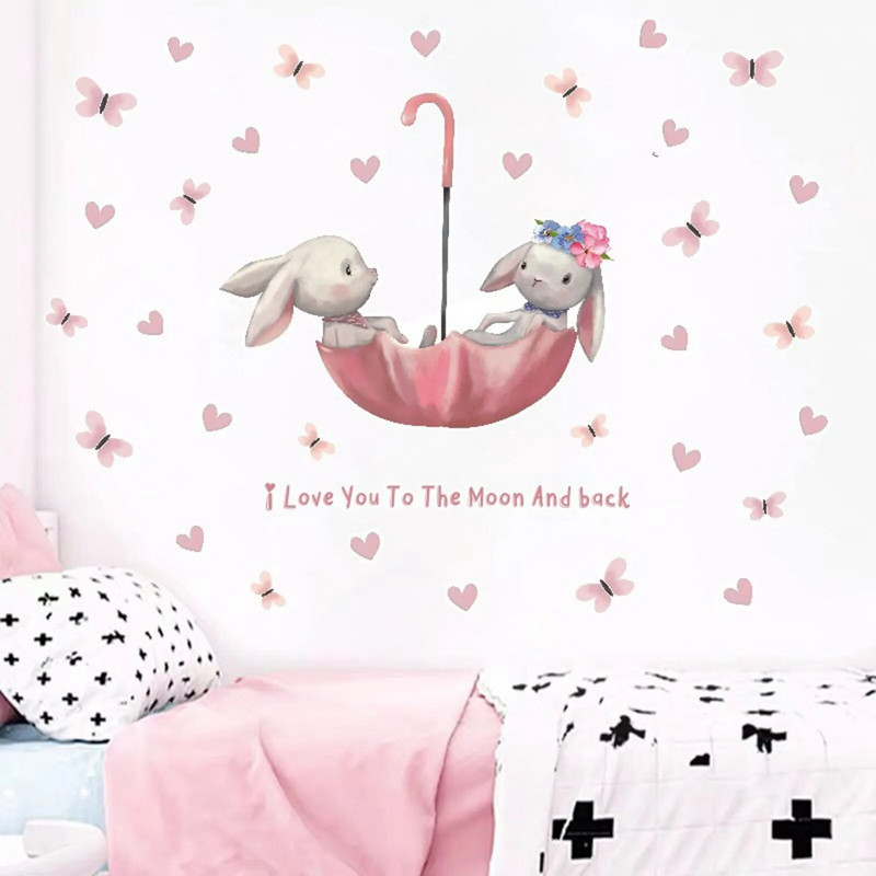 Декорация на стая за момичета Сладък заек Стикери за стена Карикатура Стикер Заек Живопис Стикери за стена Тапет за декорация на дома