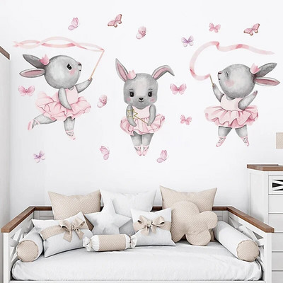 Χειροποίητη ζωγραφιά Μπαλέτου Bunny Rabbit Dancer Cute Animals Αυτοκόλλητα τοίχου για βρεφικό βρεφικό δωμάτιο κορίτσι δωμάτιο Αυτοκόλλητα τοίχου σπιτιού Διακοσμητικά pvc