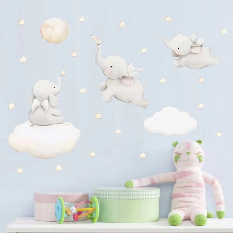 Сладко слонче, стикер за стена с крила, самозалепваща хартия, сладко дете, декорация на бебешка стая, стикер за декорация на слонче