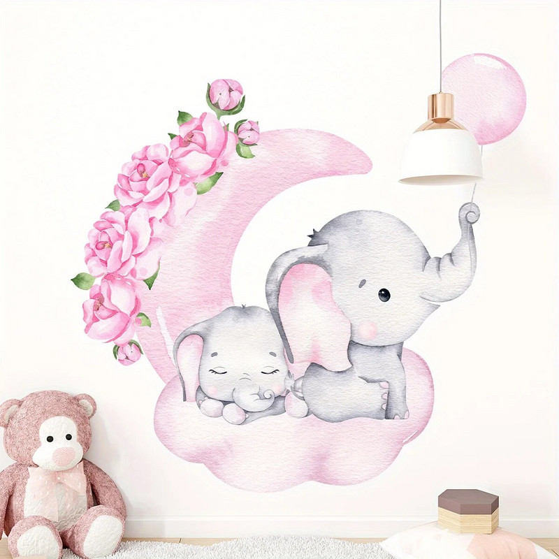 Карикатура Сладък слон Луна Облаци Стикери за стена Неувреждащи стената за детска стая Декорация на фона на хола Стикери за стена