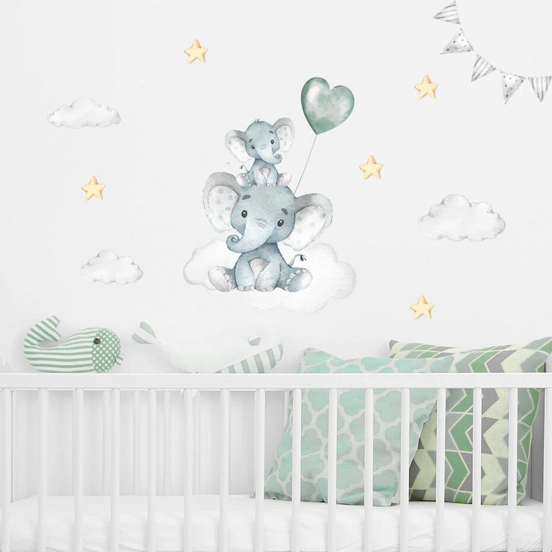 Карикатура Слон Луна Звезди Синьо-зелени стикери за стена Детска стая Подвижни стикери за стена Арт плакати Детски интериор в спалнята Домашен декор