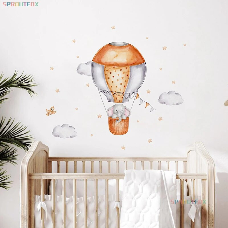 Стикери за стена с анимационен слон за детска стая Модерен декоративен стикер Детска стена Модел на балон с горещ въздух за детска стая