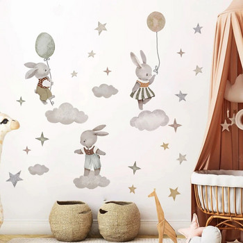 Анимационно зайче Луна и звезди Стикери за стена Животни Nordic boho Заек Стикер с балон с горещ въздух Тапет за декорация на детска стая