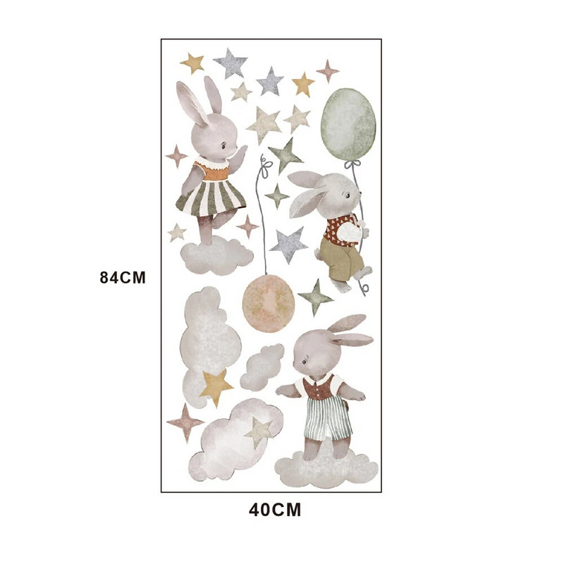 Анимационно зайче Луна и звезди Стикери за стена Животни Nordic boho Заек Стикер с балон с горещ въздух Тапет за декорация на детска стая