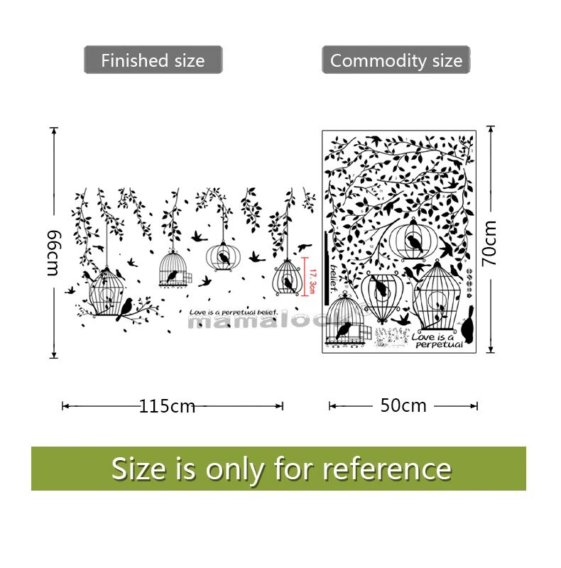 Черна клетка за птици и силуети на листата PVC стикери за стена Стикери за стена за фон на телевизор Декоративна трапезария Общежитие