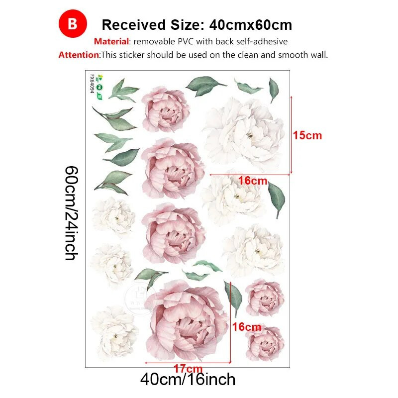 Розово бял акварел божур цветя стикери за стена за детска стая всекидневна спалня декорация на дома стикер за стена домашен декор флорален