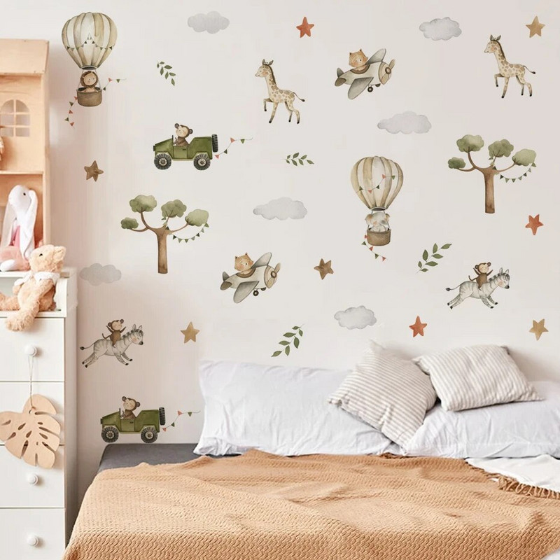 Akvarelės safario gyvūnai karšto oro baliono platanos sienų lipdukai, skirti vaikų kambariui miegamajam svetainei namų dekoravimo sienų lipdukai