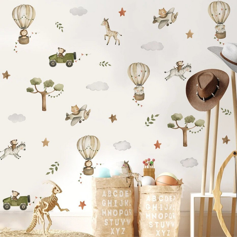 Akvarelės safario gyvūnai karšto oro baliono platanos sienų lipdukai, skirti vaikų kambariui miegamajam svetainei namų dekoravimo sienų lipdukai