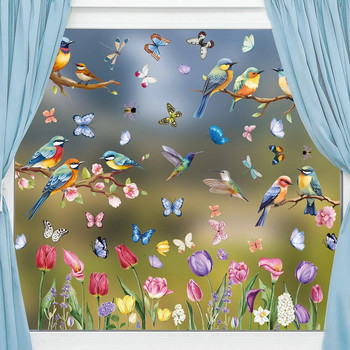 76PCS Пролет Лято Стикер за залепване на прозорец Акварел Лале Цветя Пеперуда Флорални шарки Стикер за прозорец за партита в дома