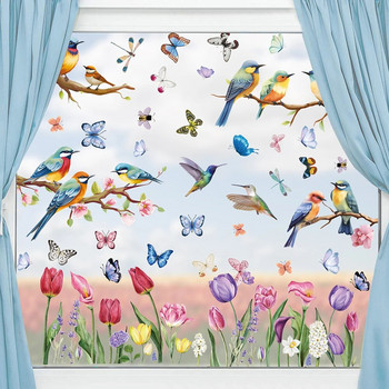 76PCS Пролет Лято Стикер за залепване на прозорец Акварел Лале Цветя Пеперуда Флорални шарки Стикер за прозорец за партита в дома