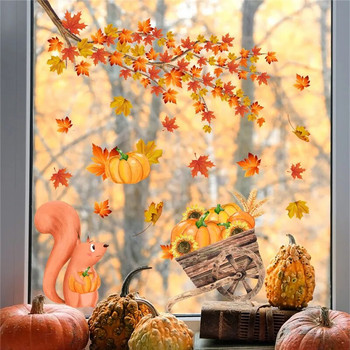 Клен, тиква, катерица, стикери за прозорци Декорация за Деня на благодарността за дома Есен, кленов стикер за стена, стикер за детска стая, стикер Muraux