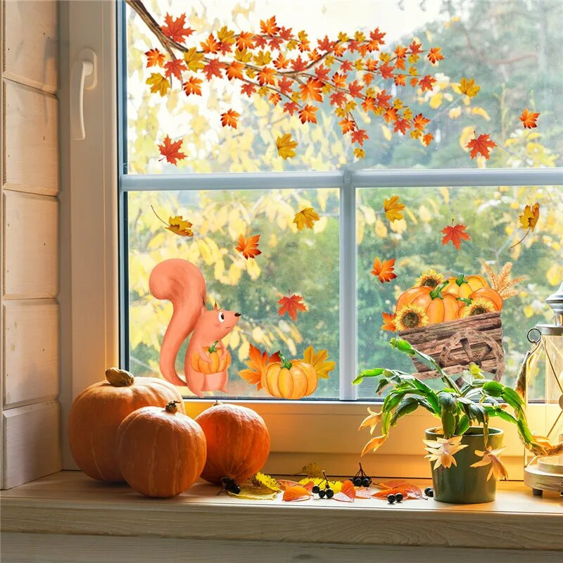 Клен, тиква, катерица, стикери за прозорци Декорация за Деня на благодарността за дома Есен, кленов стикер за стена, стикер за детска стая, стикер Muraux