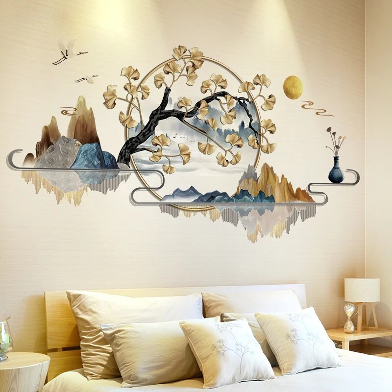 [shijuekongjian] Реки, планини, стикери за стена Направи си сам стенописни стикери за дърво Гинко за всекидневна, спалня, кухня, декорация на дома