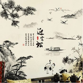 Χαλκομανίες τοίχου με κινέζικο στυλ ζωγραφικής με μελάνι, αυτοκόλλητα τοίχου με πεύκο, διακόσμηση σπιτιού, ταπετσαρία βινυλίου PVC, χαλκομανίες τοίχου βουνού Bamboo