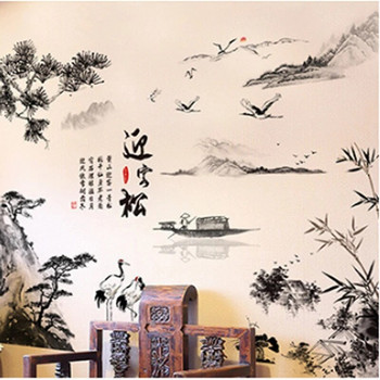 Χαλκομανίες τοίχου με κινέζικο στυλ ζωγραφικής με μελάνι, αυτοκόλλητα τοίχου με πεύκο, διακόσμηση σπιτιού, ταπετσαρία βινυλίου PVC, χαλκομανίες τοίχου βουνού Bamboo