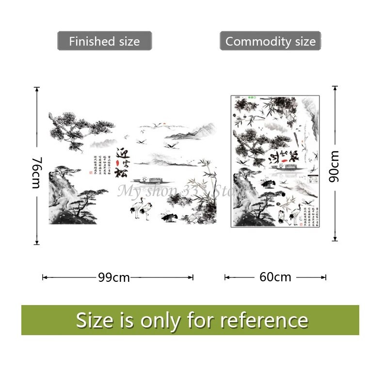 Kínai stílusú tusfestés tájkép falmatricák fenyő csónak, lakberendezés, PVC vinil tapéta, bambusz hegyi falmatricák