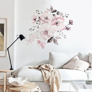 Νερό Χρώμα Ροζ λουλούδια Αυτοκόλλητα τοίχου Διακόσμηση σαλονιού κρεβατοκάμαρας Τοιχογραφία Διακόσμηση σπιτιού Χαλκομανίες Ταπετσαρία συμπλέγματος λουλουδιών