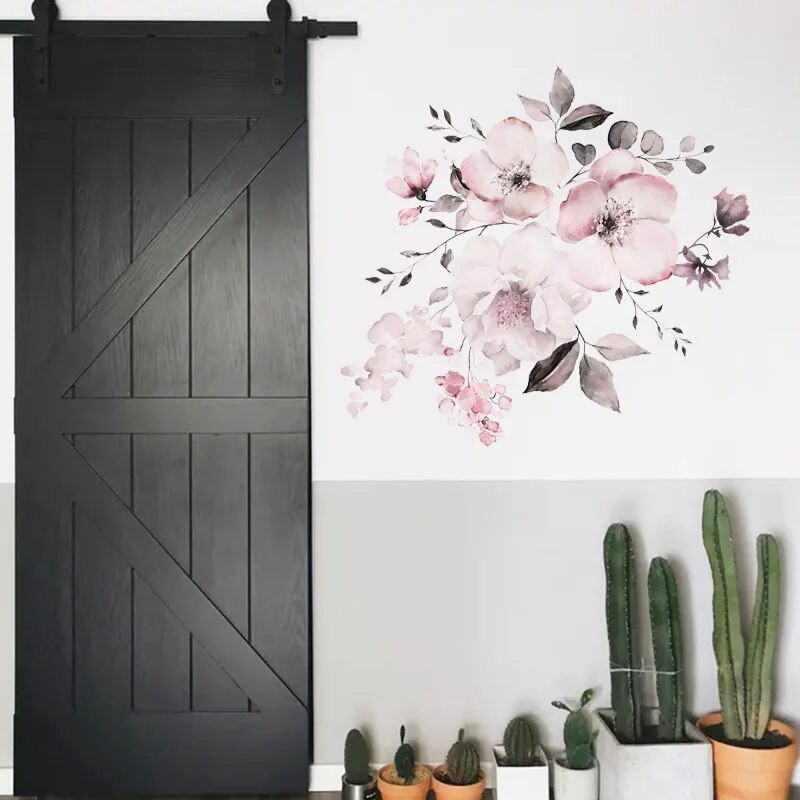 Akvarell Rózsaszín Virágok Fali matricák Hálószoba Nappali Dekoráció Falfestmény Lakásdekor Matricák Virágfürt Háttérkép