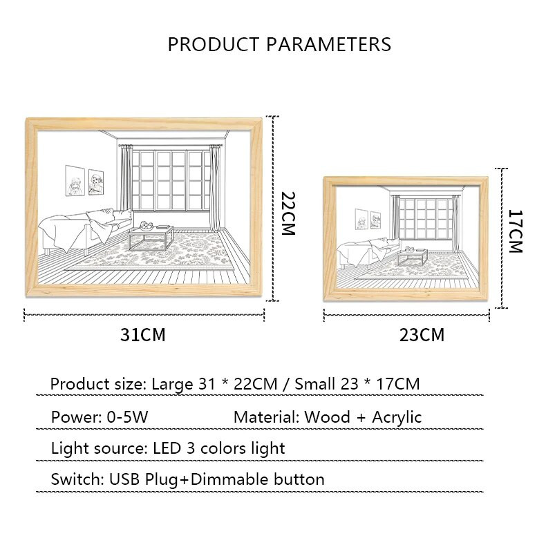 Új Led Fényfestés USB-dugó Tompító fali grafikák Asztali lámpa Ajándék beltéri napfényes ablak Fából készült fénykép éjszakai művészeti keretek