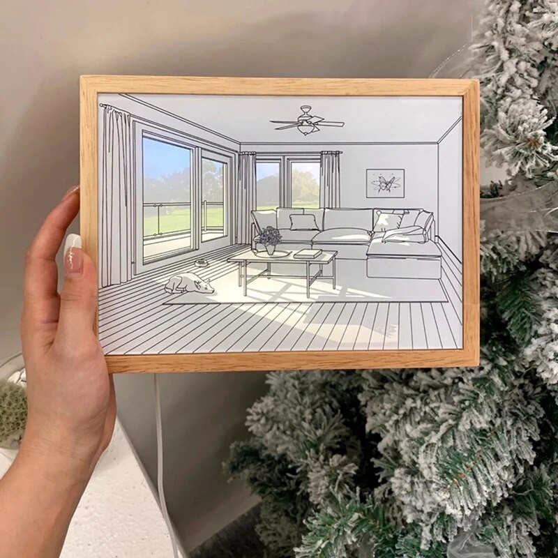 Új Led Fényfestés USB-dugó Tompító fali grafikák Asztali lámpa Ajándék beltéri napfényes ablak Fából készült fénykép éjszakai művészeti keretek