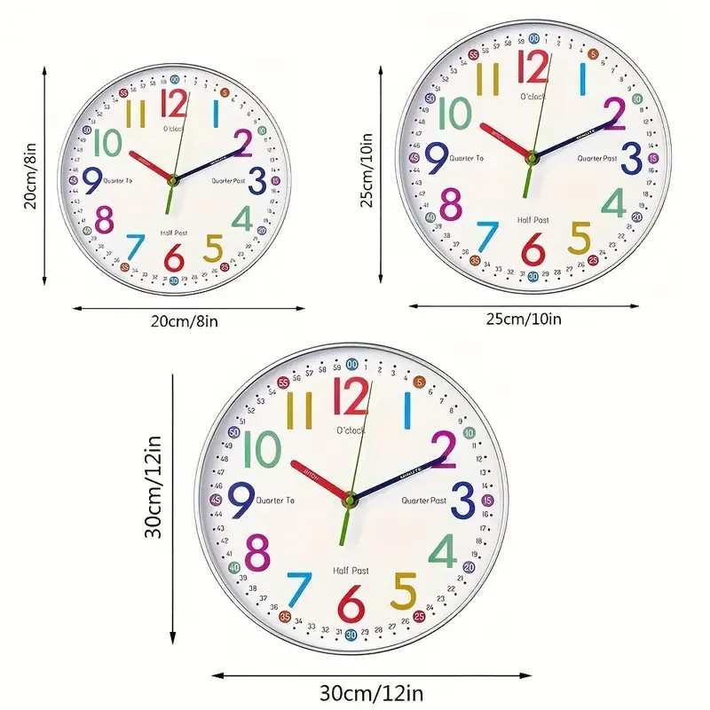 12-инчов часовник за ранно детско образование Mute Home Living Bedroom Wall, Punch-free Електронен цветен часовник, захранван от батерии