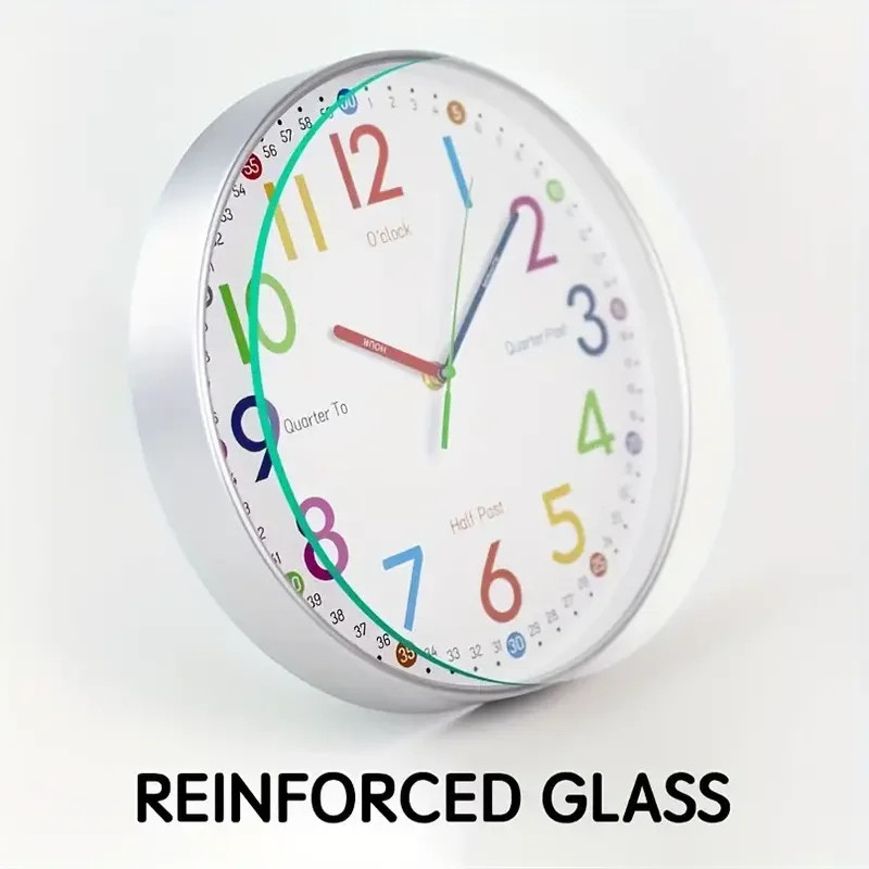 12-инчов часовник за ранно детско образование Mute Home Living Bedroom Wall, Punch-free Електронен цветен часовник, захранван от батерии