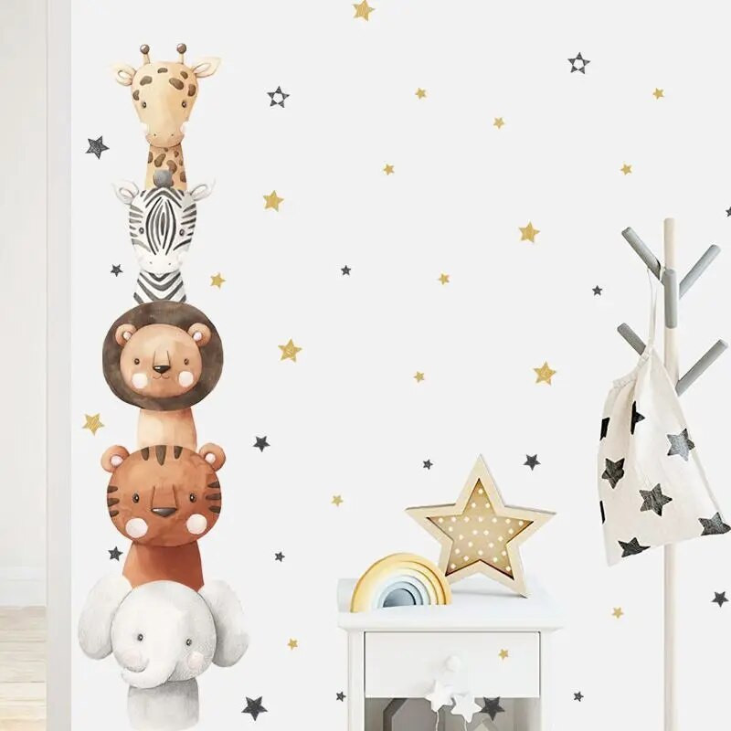 Boho rajzfilm elefánt zsiráf csillagok magasságmérő falmatrica vinil óvoda akvarell falmatricák gyerekszoba lakberendezés