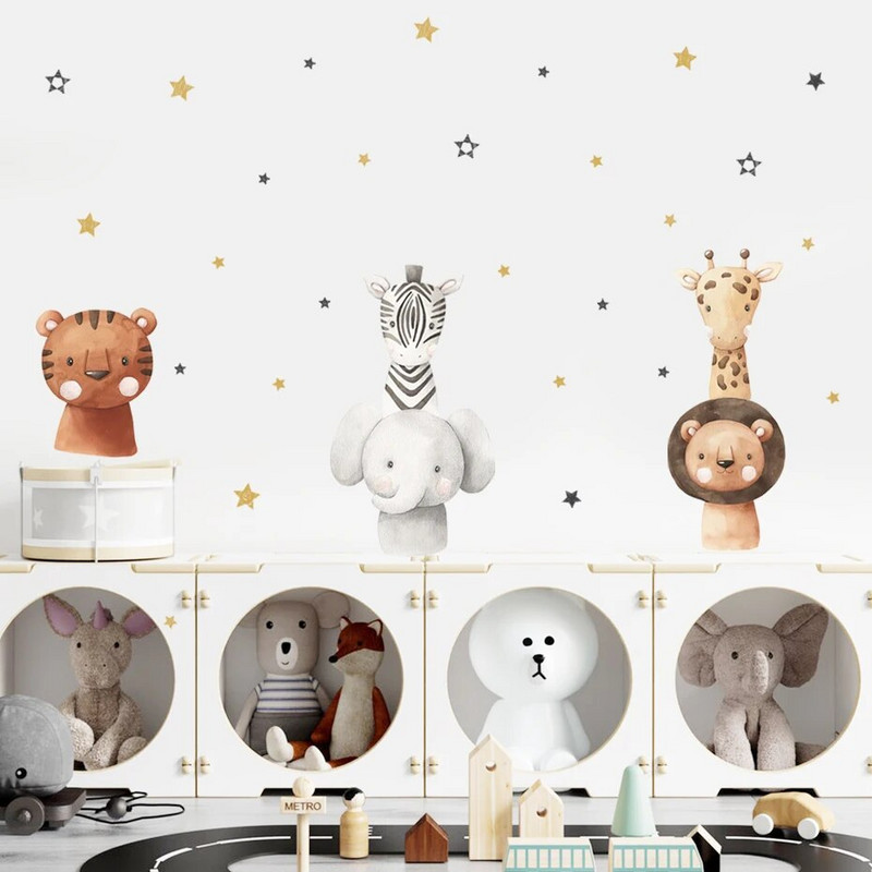 Boho rajzfilm elefánt zsiráf csillagok magasságmérő falmatrica vinil óvoda akvarell falmatricák gyerekszoba lakberendezés
