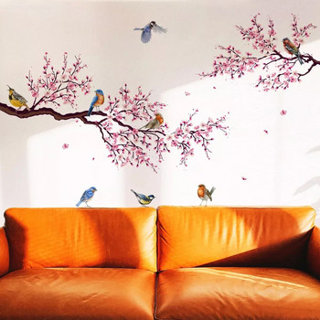 Стикери за стена Розово сливово дърво Птици Декорация на домашна стая Плакат Лепилен тапет за спалня Мебели за стена Интериорен декор на къща