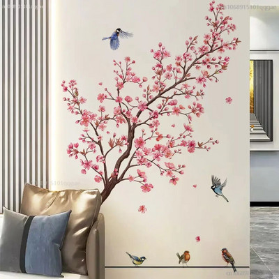 Zidne naljepnice Pink Plum Tree Ptice Dekoracija kućne sobe Poster Ljepljiva tapeta za spavaću sobu Zidni namještaj Uređenje interijera kuće