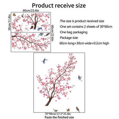 Αυτοκόλλητα τοίχου Pink Plum Tree Birds Διακόσμηση δωματίου Αφίσα Υπνοδωμάτιο Αυτοκόλλητη ταπετσαρία Έπιπλα τοίχου Εσωτερική διακόσμηση σπιτιού